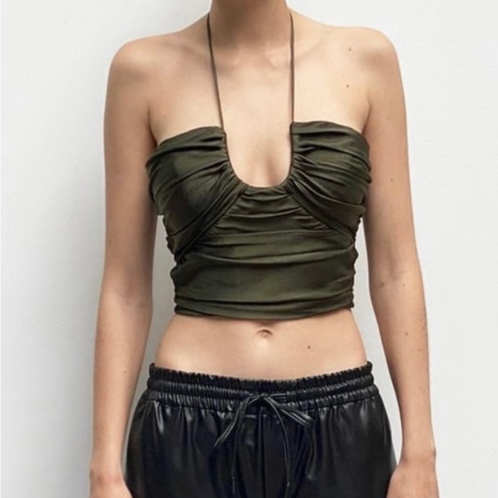 Zara ruched black strapless crop top with tie